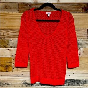Lands’ End Canvas 1963 size Medium Vibrant Orangish Red V-Neck Open Knit Sweater